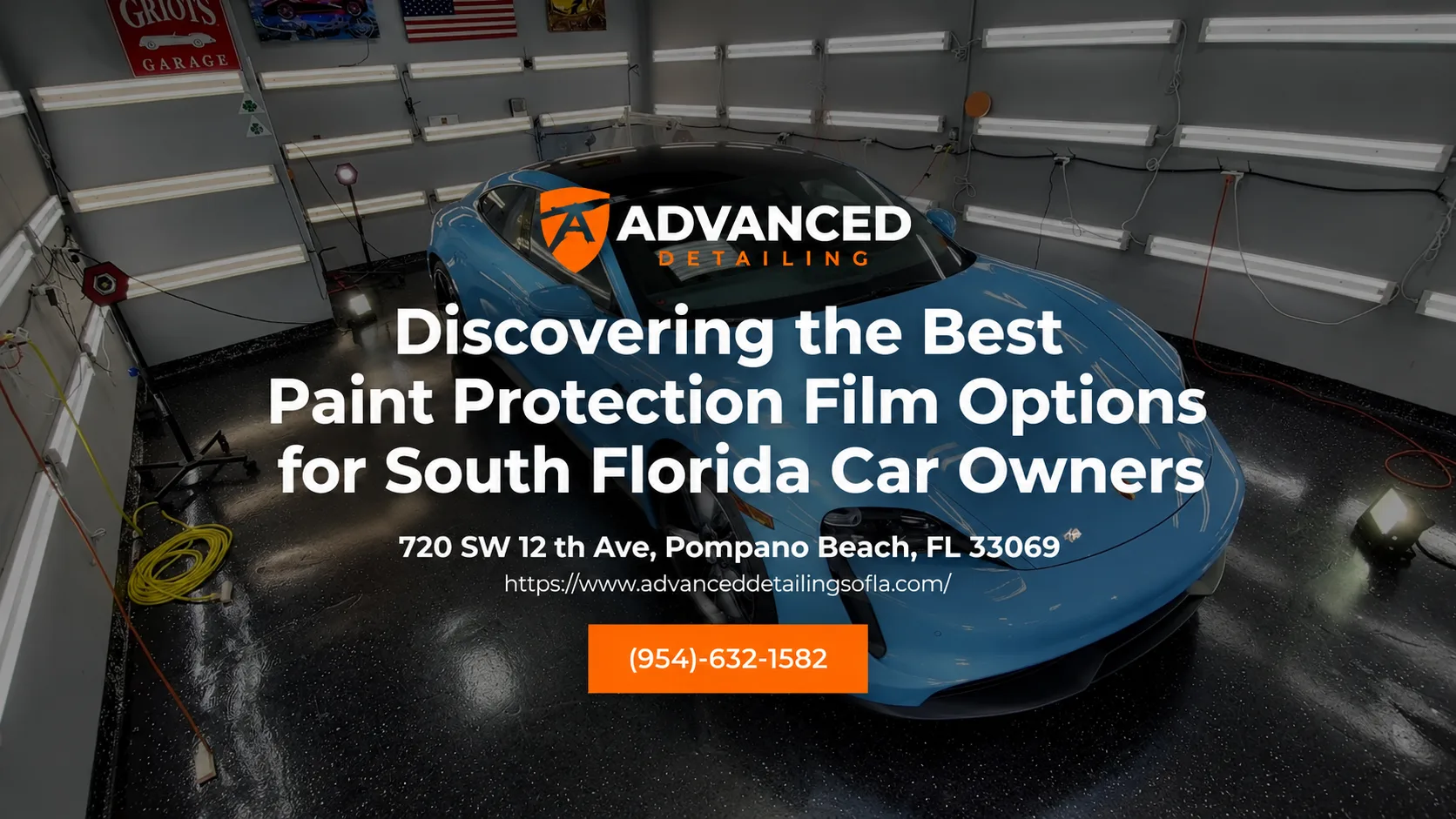 Light blue sports car in the Advanced Detailing Sofla bay in Pompano Beach